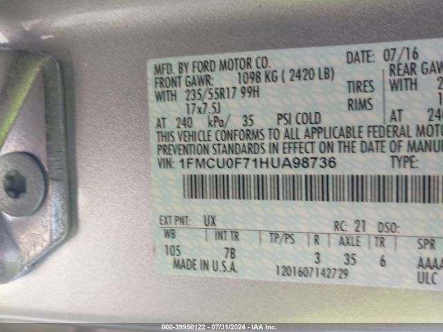 Photo 8 VIN: 1FMCU0F71HUA98736 - FORD ESCAPE 