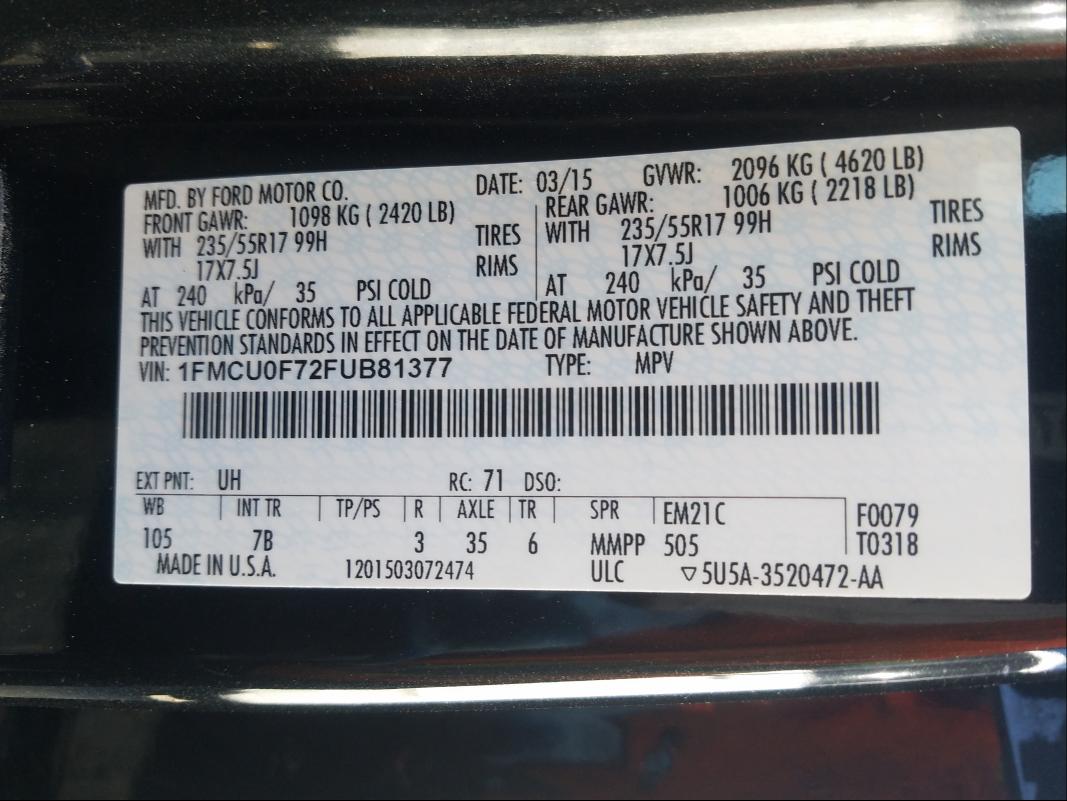 Photo 9 VIN: 1FMCU0F72FUB81377 - FORD ESCAPE S 