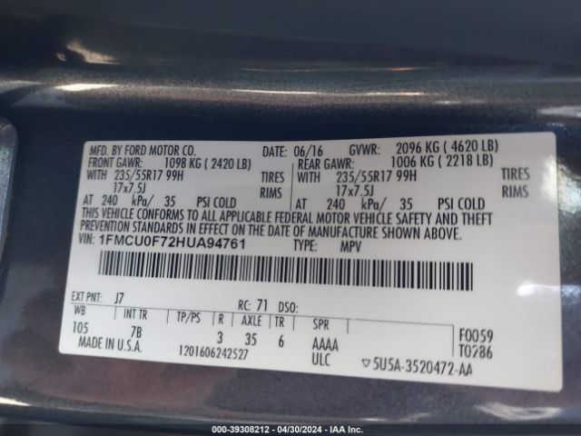 Photo 8 VIN: 1FMCU0F72HUA94761 - FORD ESCAPE 