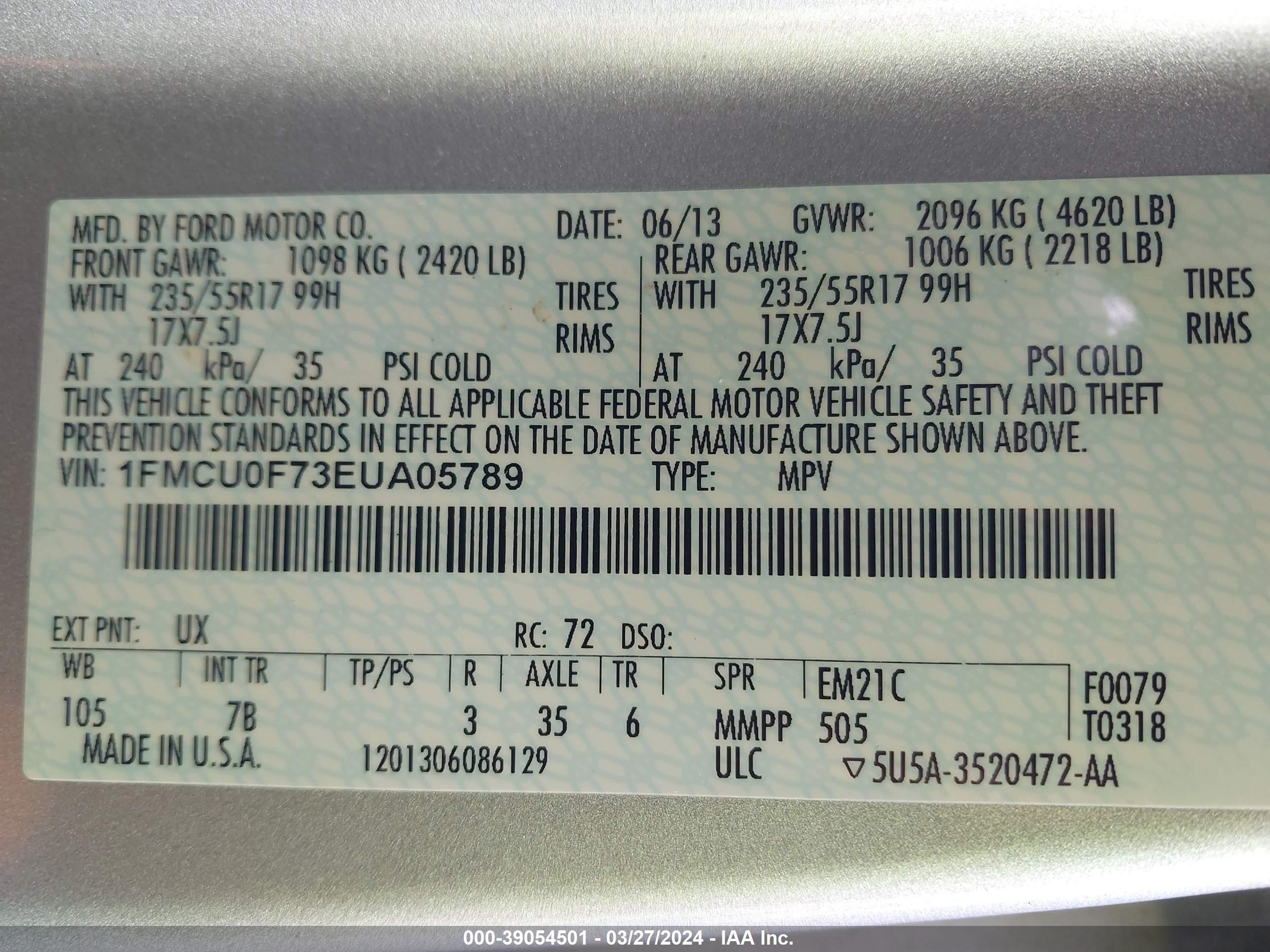 Photo 8 VIN: 1FMCU0F73EUA05789 - FORD ESCAPE 