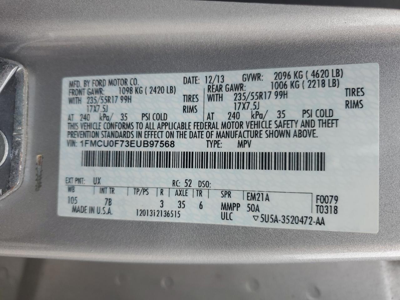 Photo 11 VIN: 1FMCU0F73EUB97568 - FORD ESCAPE S 