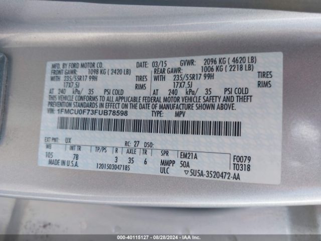 Photo 8 VIN: 1FMCU0F73FUB78598 - FORD ESCAPE 