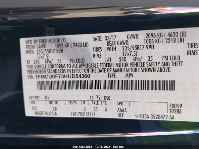 Photo 8 VIN: 1FMCU0F73HUD54360 - FORD ESCAPE 