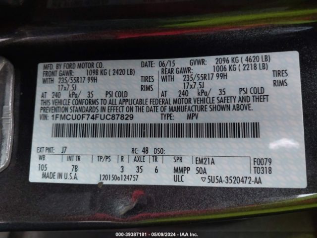 Photo 8 VIN: 1FMCU0F74FUC87829 - FORD ESCAPE 