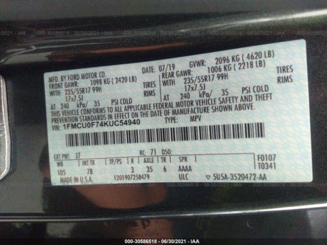 Photo 8 VIN: 1FMCU0F74KUC54940 - FORD ESCAPE 