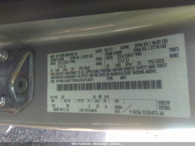 Photo 8 VIN: 1FMCU0F75HUD21201 - FORD ESCAPE 