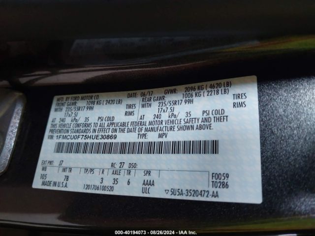 Photo 8 VIN: 1FMCU0F75HUE30869 - FORD ESCAPE 