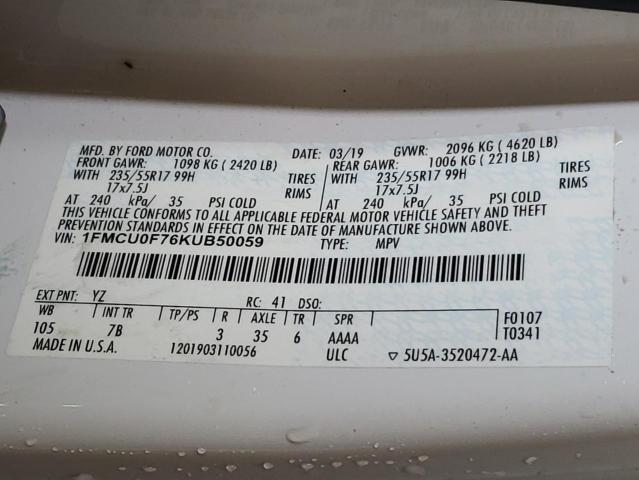 Photo 12 VIN: 1FMCU0F76KUB50059 - FORD ESCAPE 