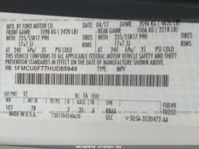 Photo 8 VIN: 1FMCU0F77HUD85949 - FORD ESCAPE 