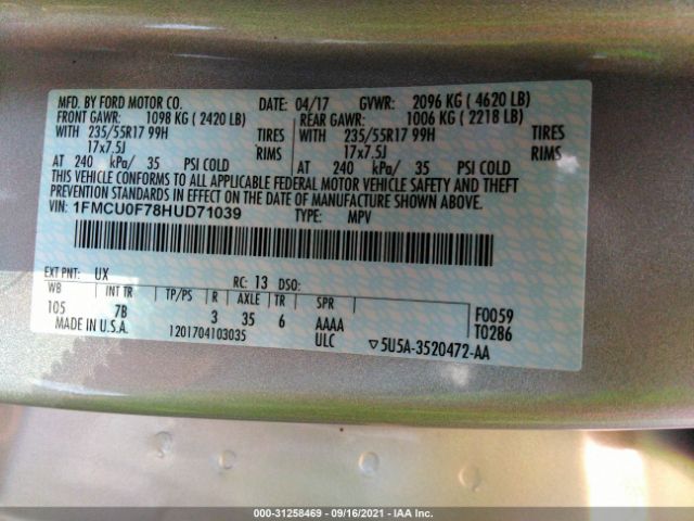 Photo 8 VIN: 1FMCU0F78HUD71039 - FORD ESCAPE 