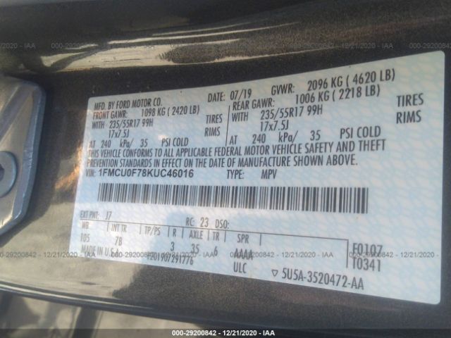 Photo 8 VIN: 1FMCU0F78KUC46016 - FORD ESCAPE 