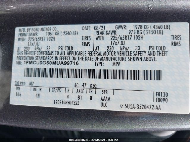 Photo 8 VIN: 1FMCU0G60MUA99716 - FORD ESCAPE 