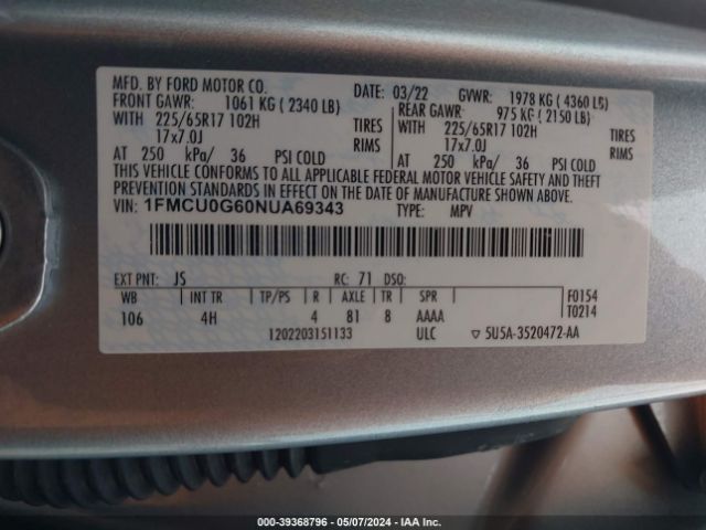 Photo 8 VIN: 1FMCU0G60NUA69343 - FORD ESCAPE 