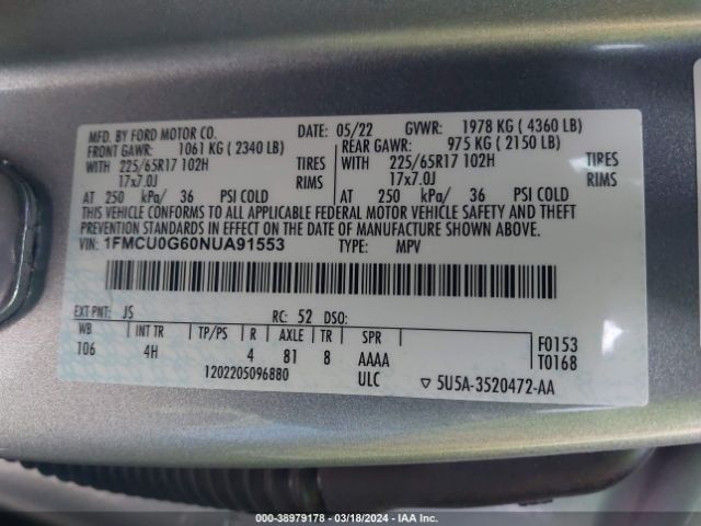 Photo 8 VIN: 1FMCU0G60NUA91553 - FORD ESCAPE 