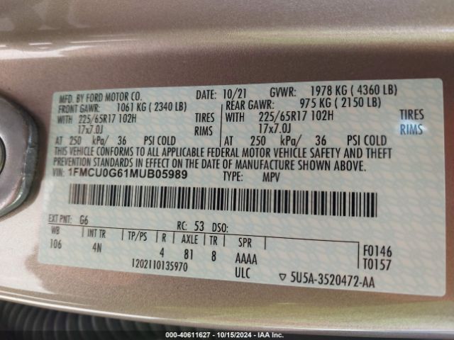 Photo 8 VIN: 1FMCU0G61MUB05989 - FORD ESCAPE 