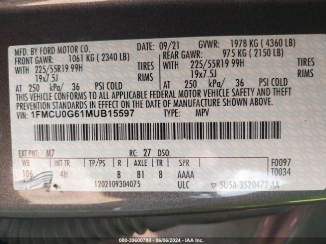 Photo 8 VIN: 1FMCU0G61MUB15597 - FORD ESCAPE 