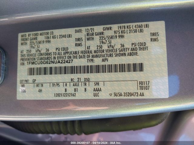 Photo 8 VIN: 1FMCU0G62NUA22427 - FORD ESCAPE 