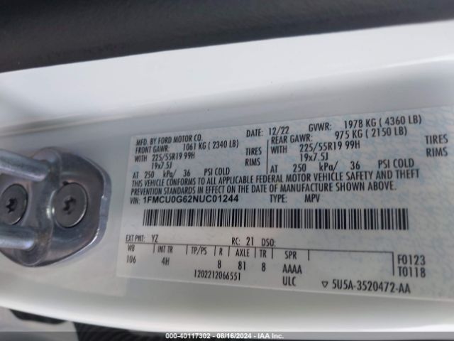 Photo 8 VIN: 1FMCU0G62NUC01244 - FORD ESCAPE 