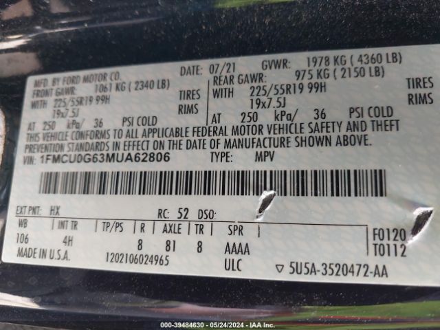 Photo 8 VIN: 1FMCU0G63MUA62806 - FORD ESCAPE 