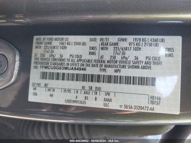 Photo 8 VIN: 1FMCU0G63MUA94946 - FORD ESCAPE 