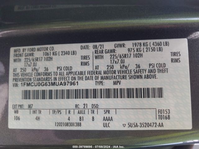 Photo 8 VIN: 1FMCU0G63MUA97961 - FORD ESCAPE 