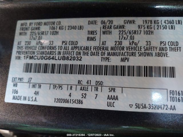 Photo 8 VIN: 1FMCU0G64LUB82032 - FORD ESCAPE 