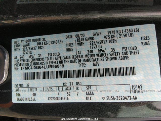 Photo 8 VIN: 1FMCU0G64LUB96819 - FORD ESCAPE 