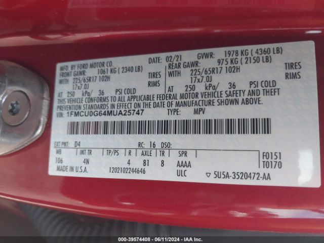 Photo 8 VIN: 1FMCU0G64MUA25747 - FORD ESCAPE 