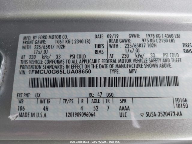 Photo 8 VIN: 1FMCU0G65LUA08650 - FORD ESCAPE 