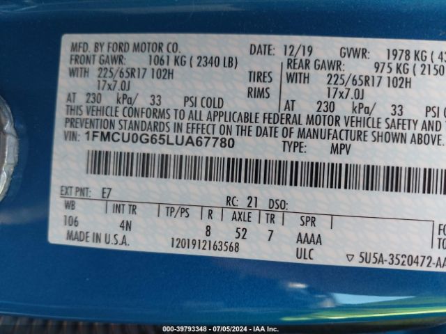 Photo 8 VIN: 1FMCU0G65LUA67780 - FORD ESCAPE 