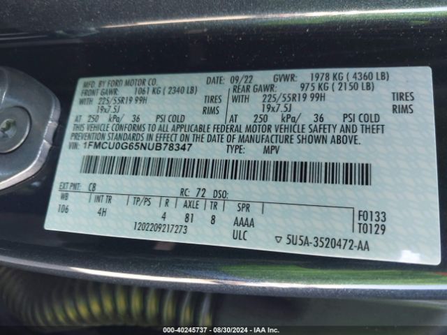 Photo 8 VIN: 1FMCU0G65NUB78347 - FORD ESCAPE 