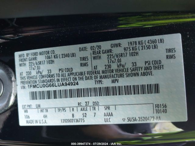 Photo 8 VIN: 1FMCU0G66LUA94924 - FORD ESCAPE 