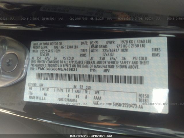 Photo 8 VIN: 1FMCU0G66MUA49631 - FORD ESCAPE 