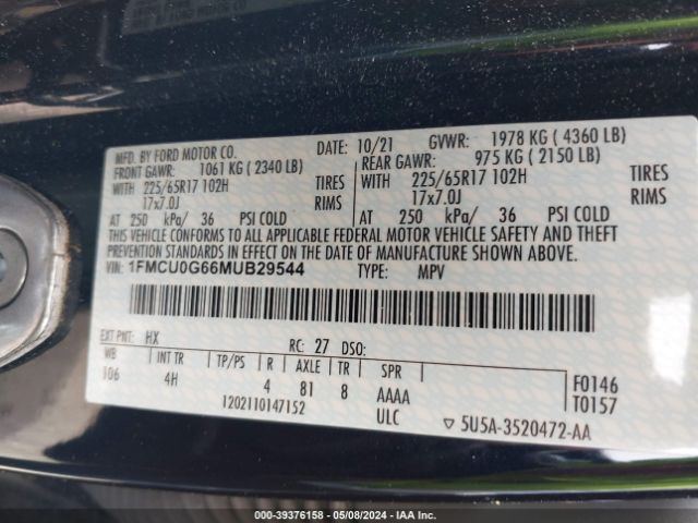 Photo 8 VIN: 1FMCU0G66MUB29544 - FORD ESCAPE 