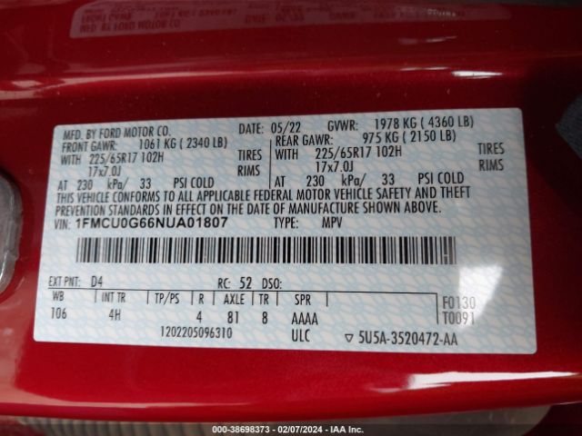 Photo 8 VIN: 1FMCU0G66NUA01807 - FORD ESCAPE 