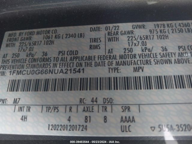 Photo 8 VIN: 1FMCU0G66NUA21541 - FORD ESCAPE 