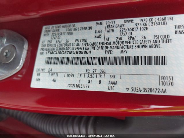 Photo 8 VIN: 1FMCU0G67MUB08864 - FORD ESCAPE 