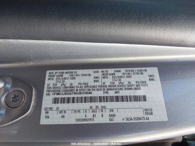 Photo 8 VIN: 1FMCU0G67NUB33846 - FORD ESCAPE 