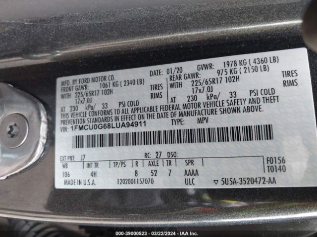 Photo 8 VIN: 1FMCU0G68LUA94911 - FORD ESCAPE 