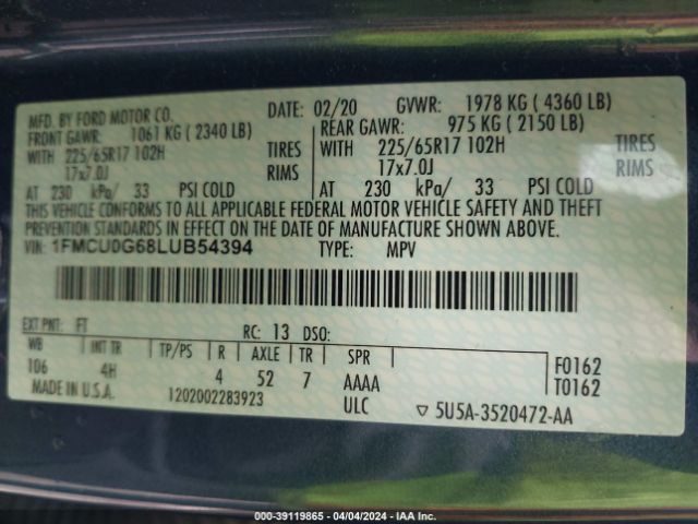 Photo 8 VIN: 1FMCU0G68LUB54394 - FORD ESCAPE 