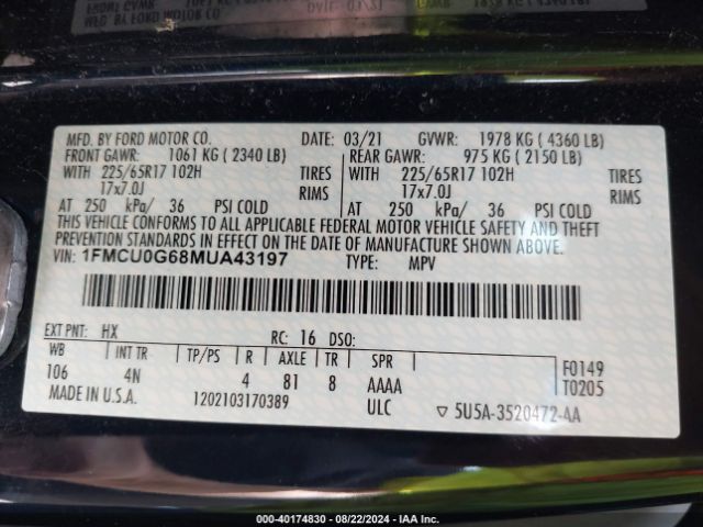 Photo 8 VIN: 1FMCU0G68MUA43197 - FORD ESCAPE 