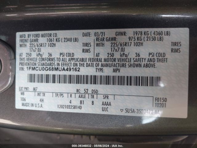 Photo 8 VIN: 1FMCU0G68MUA49162 - FORD ESCAPE 