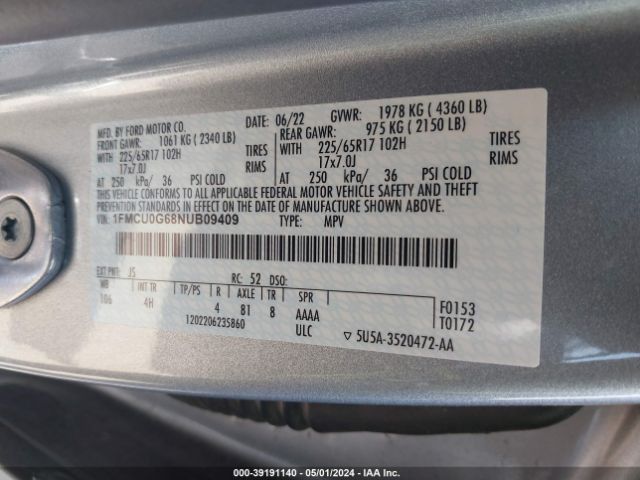 Photo 8 VIN: 1FMCU0G68NUB09409 - FORD ESCAPE 