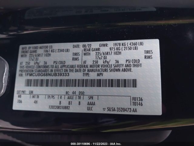 Photo 8 VIN: 1FMCU0G68NUB39333 - FORD ESCAPE 