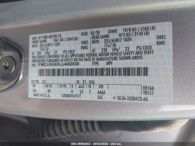 Photo 8 VIN: 1FMCU0G6XLUA92030 - FORD ESCAPE 