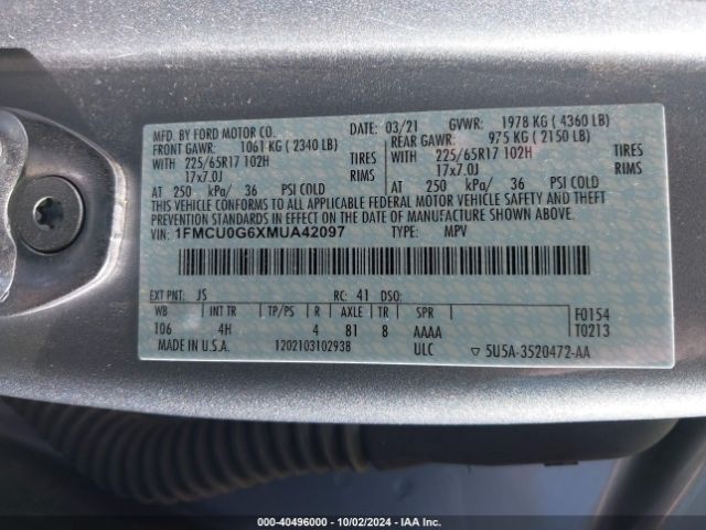 Photo 8 VIN: 1FMCU0G6XMUA42097 - FORD ESCAPE 