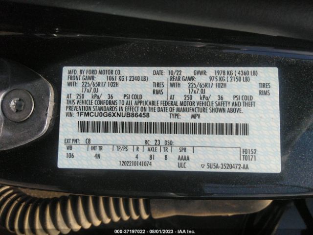 Photo 8 VIN: 1FMCU0G6XNUB86458 - FORD ESCAPE 