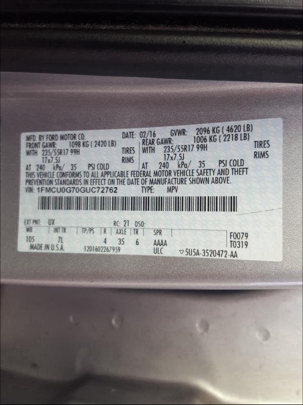 Photo 9 VIN: 1FMCU0G70GUC72762 - FORD ESCAPE SE 