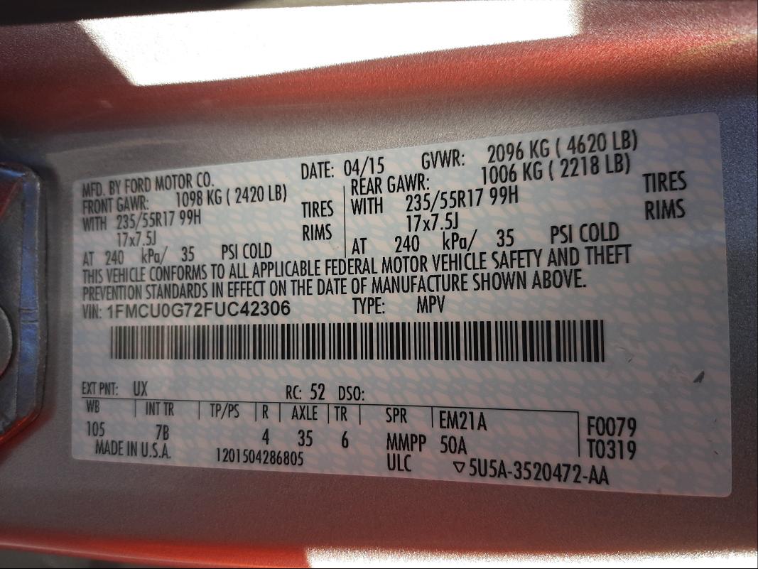 Photo 9 VIN: 1FMCU0G72FUC42306 - FORD ESCAPE SE 