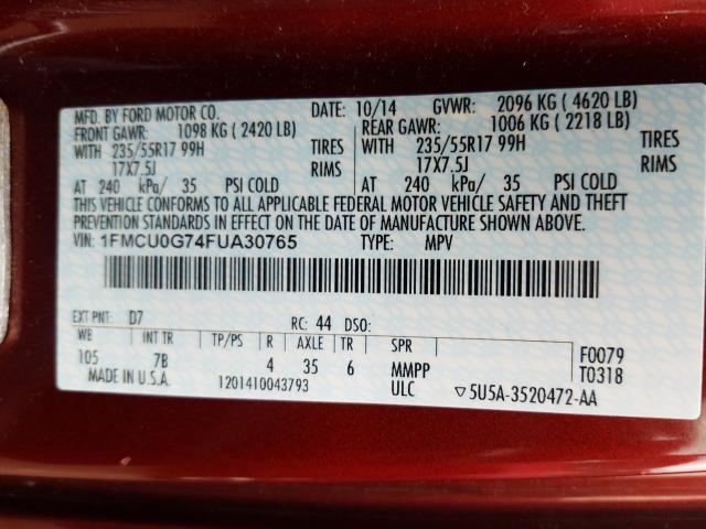 Photo 9 VIN: 1FMCU0G74FUA30765 - FORD ESCAPE SE 